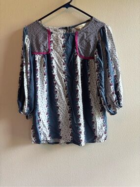Matilda Jane Blue and White Striped Floral Peasant Top with Magenta Trim